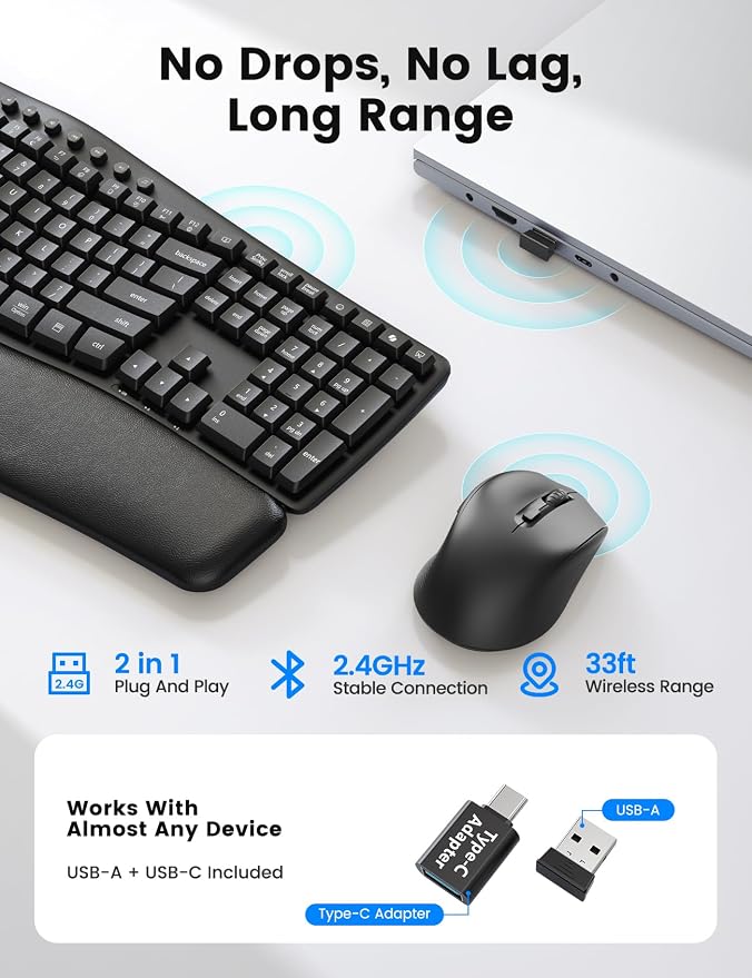 Wireless Keyboard and Mouse Combo, SABLUTE MA41 30dB Quiet Ergonomic Wave Keyboard Set with Soft Leather Palm Rest, Dual-System Switch for Windows/Mac, Ideal for Business Teams Home Office