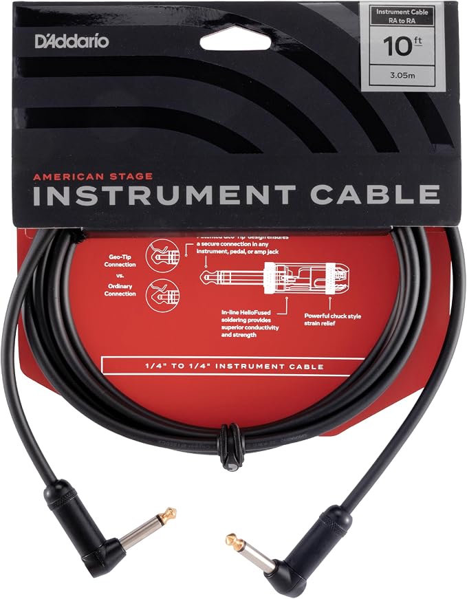D'Addario Guitar Cable - American Stage - Made in the USA - Geo Tip for Secure Connection - 1/4 Inch Male to 1/4 Inch Male - 10 Feet - Right Angle Ends - 1 Pack
