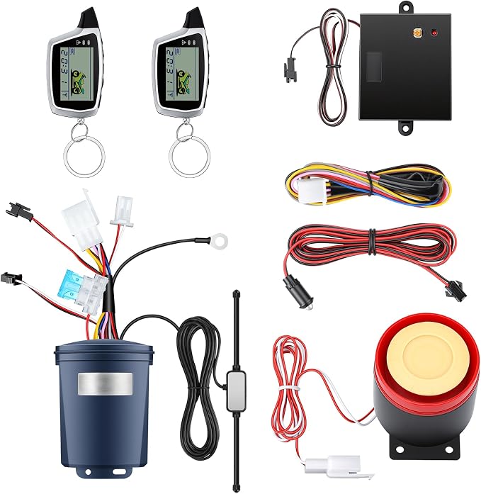 Motorcycle Alarm with 2-Way LCD Remote & Engine Cut Off - 12V DC Anti-Theft Security System, 115dB Siren, Waterproof Sensor, Remote Start for Motorcycle, Scooter, ATV
