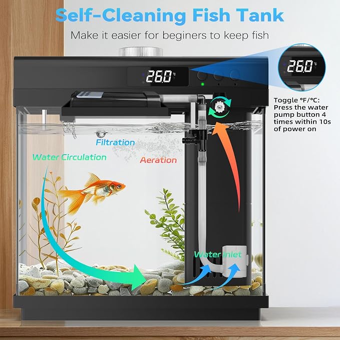 AQQA 3.7 Gallon Aquarium Starter Kit Small Glass Fish Tank with Filter and Light (10 Colors Adjustable) Desktop Self-Cleaning Betta Fish Tank Kit Office & Home Decor Idea (Black)