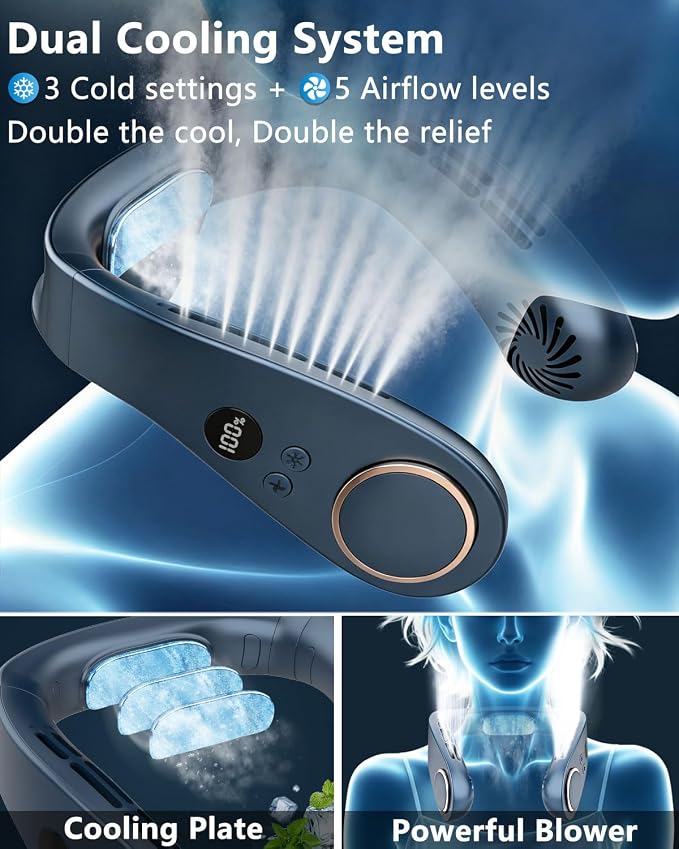 Neck Fan with Cooling Plate,5500mAh Rechargeable, Ultra Quiet Operation, 5 Speeds & 3 Cooling Modes, USB-C Fast Charging, LED Display Battery & Gear, Bladeless Fans that Blow Cold Air for Travel Blue