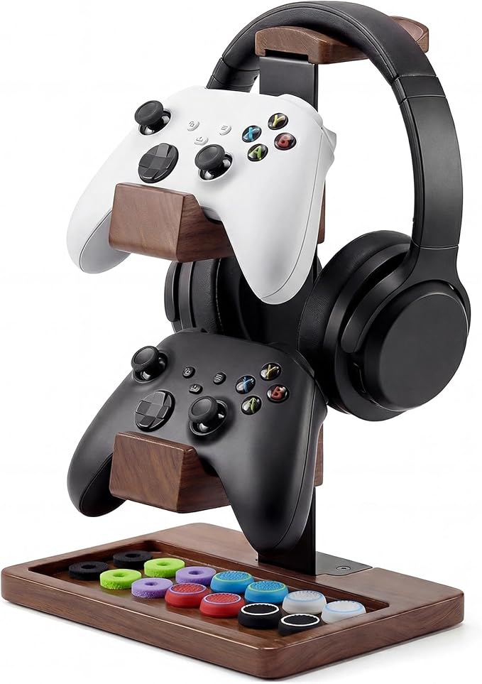 2-in-1 Solid Wood Headset Stand with Dual Game Controller Holder | Gaming Headphone Stand with Storage Base, 6 Joystick Sponge Rings and 8 Thumb Grips Gaming Equipment Accessories for Desk