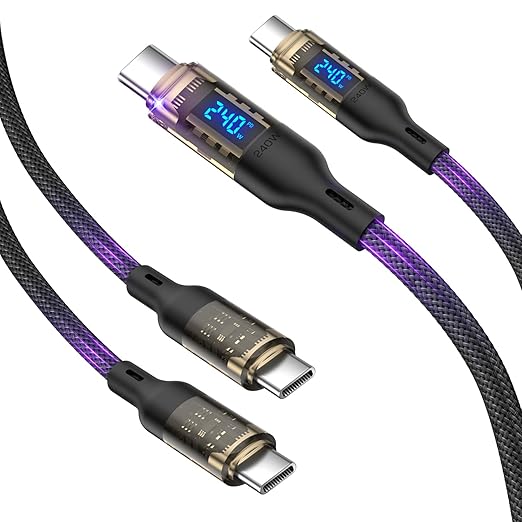 240W USB C to USB C Transparent Cable with LED Display Compatible with 140W 100W Fast Charging for MacBook Pro,lPhone 16/15/15Pro/15ProMax,Galaxy S23+/S23Ultra/S22,10ft 2Pack,Black