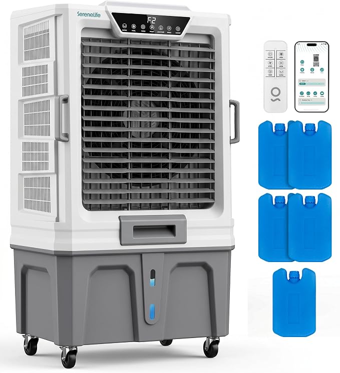 SereneLife Portable Swamp Cooler with 12000 CFM Power - Industrial Evaporative Air Cooler for Large Indoor & Outdoor Spaces, 150 L Tank, 60° Oscillation, 12-Hour Timer, Wi-Fi & Remote Control