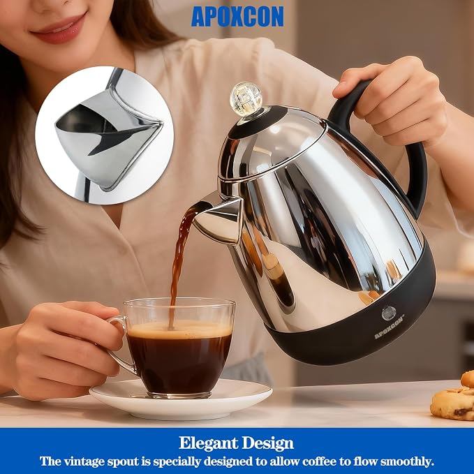 APOXCON Electric Coffee Percolator Stainless Steel Coffee Maker with Clear Brew Progress Knob & Cleaning Brush Auto Keep Warm Cordless Serving elegant design Coffee pot with On/OFF Switch (10 Cup)