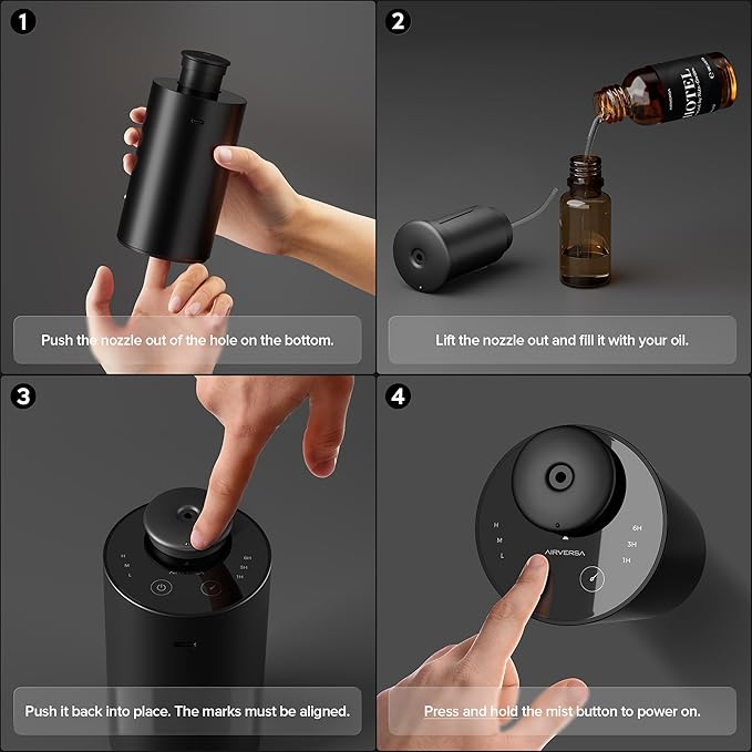 Airversa Waterless Essential Oil Diffuser Starter Kit with 2x20mL Hotel Fragrance Oils for Car Home Office,Premium Aluminum Housing, Up to 600 sq ft, Aroma Nebulizer Baterry Operated, ANX Kit-C Black