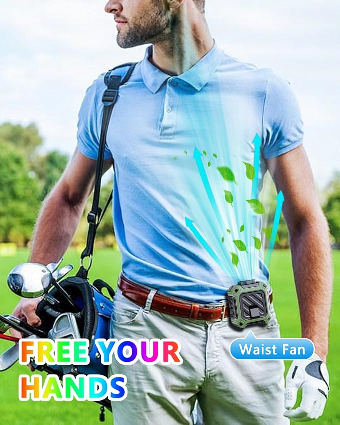 AI Portable Waist Fan 10000 mAh Rechargeable with LED Display & 40H Runtime, 5 Speed 16000RPM Cooling Personal Clip on Neck Fan for Outdoor Work, Jobsite, Camping, Green