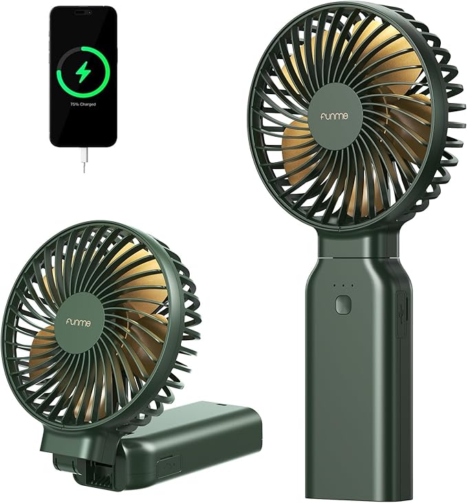 Funme Portable Handheld Fan, 53H Max Cooling Time Travel Fan, 10000mAh Personal Fan with Power Bank, 4 Speeds Rechargeable Fan, Handheld/Foldable 180° Design for Desk/Travel/Office/Outdoor - Green