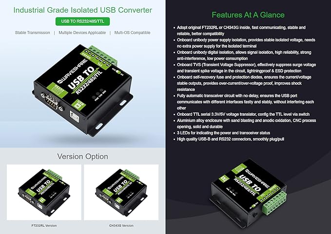 Waveshare USB to RS232 / RS485 / TTL Industrial Isolated Converter with Original FT232RL Embedded Protection Circuits and Aluminium Alloy Enclosure for Industrial Control Equipments