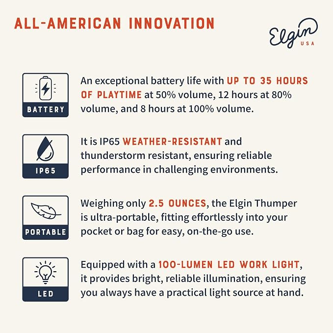 Elgin Thumper Mini Wearable Bluetooth Speaker, 35-Hour Battery Life, 50 ft Wireless Range, Water-Resistant, Magnetic Mount & Clip-On Design with LED Work Light for Jobsite, Outdoor & Everyday Use