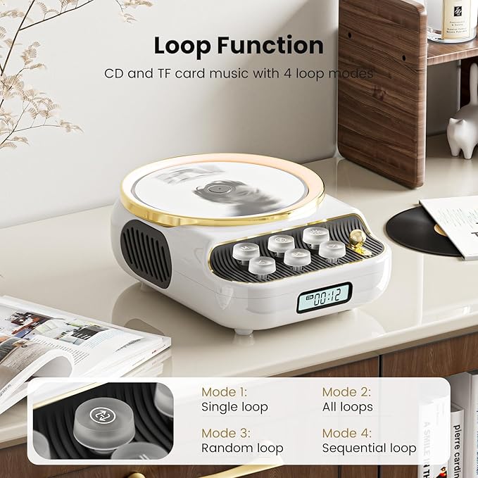 4 in 1 Retro Portable CD Players with Bluetooth Speakers, FM Radio, Night Light, LCD Display, 4000 mAh Battery, Vintage Radio Built in Dual Speakers Supports USB/AUX/Type-C for Home (White)
