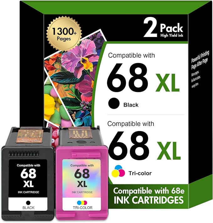 68 XL 6155e 6555e Ink Cartridges Black/Color Combo Pack 68XL 68e for HP68 for HP Printers Envy 6100e 6500e Series 6152e 6165e 6558e 6552e 68 XL (2 Pack 1 Black, 1 Tri-Color)