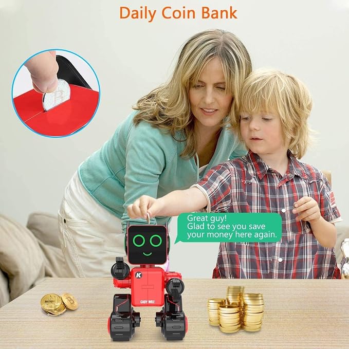 Robots for Kids, Remote Control Robot Toy Intelligent Interactive LED Light Speaks Dance Moves Built-in Coin Bank Programmable Rechargeable RC Robotic Kit (Red)