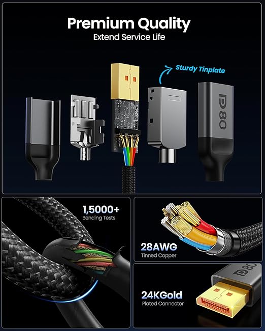 Silkland 80Gbps DisplayPort 2.1 Cable 5FT [VESA Certified], [8K@240Hz, 4K@540Hz 360Hz 240Hz] DP 2.1 Cable, HDR HDCP DSC 1.2a Display Port Cord Compatible FreeSync G-Sync Gaming Monitor 5090 9070 XT