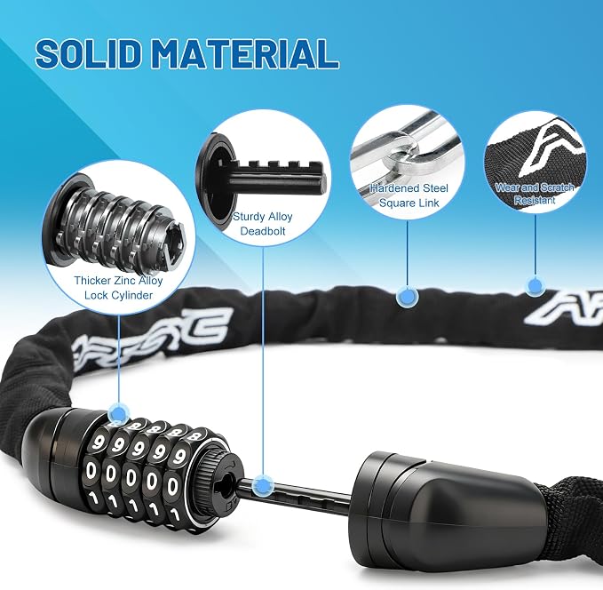 APECYC Bike Lock Heavy Duty Anti Theft, 3/4/5/6FT Bike Chain Lock with 5 Digit Resettable Combination, Bicycle Lock for E Bike, Scooter & Motorcycle, Cut Resistant Security Chain with Protective Cover
