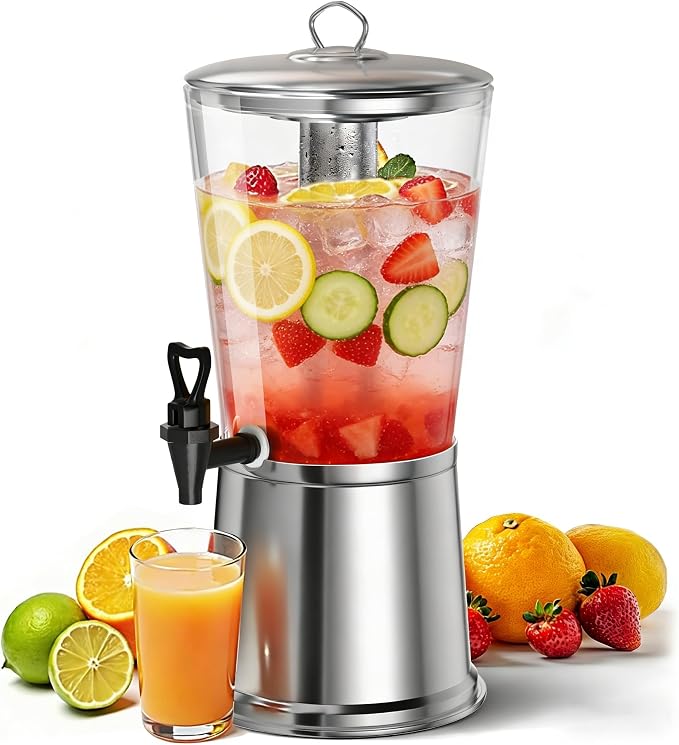 WantJoin Beverage Dispenser With Stand, Drink Dispenser for Party, Stainless Steel Water Dispenser with Ice Core, Spigot, Drink Jar Jug For Home Parties Lemonade, Clear Acrylic, 2-GALLONS 8 Liters