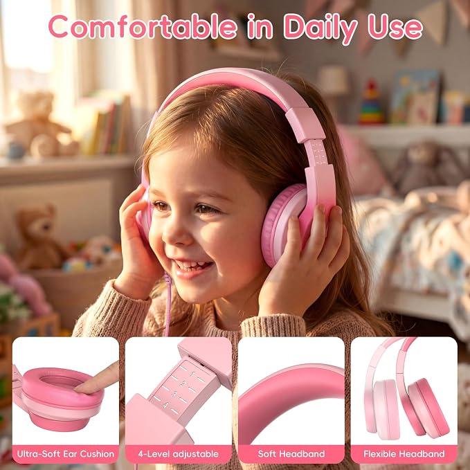 Candy Bila Wired USB C Kids Headphones, 85dB Safe Volume Limit, HD Stereo Sound, Adjustable Headband, Foldable Over-Ear Design for School, Travel, Boys, Girls, iPad, Tablet，Gradient Pink