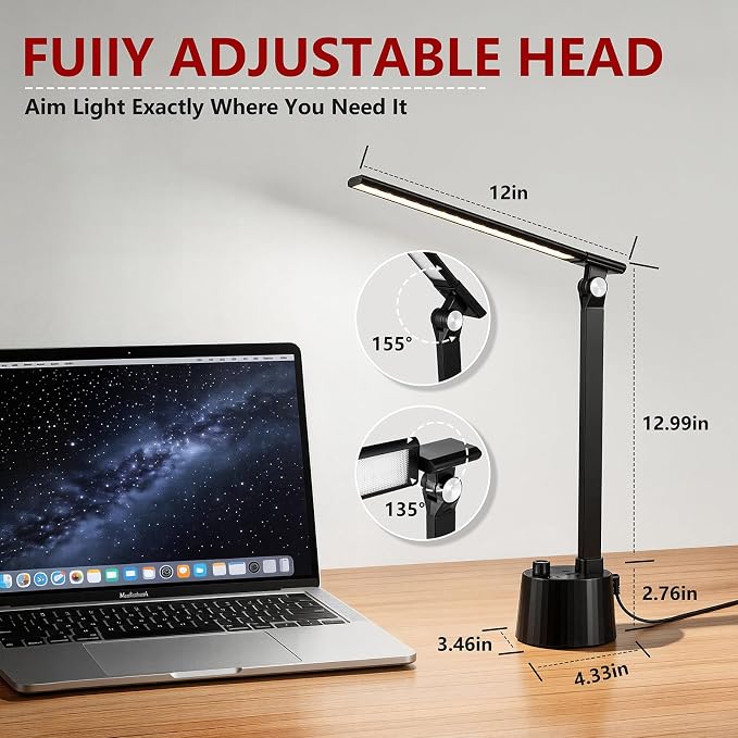 BOHON Small Desk Lamp with USB C Charging Port, Stepless Dimming 5 Colors Reading Light, Space-Saving Rotating Head Desk Lamp for Home Office, Dorm, Bedroom, Black