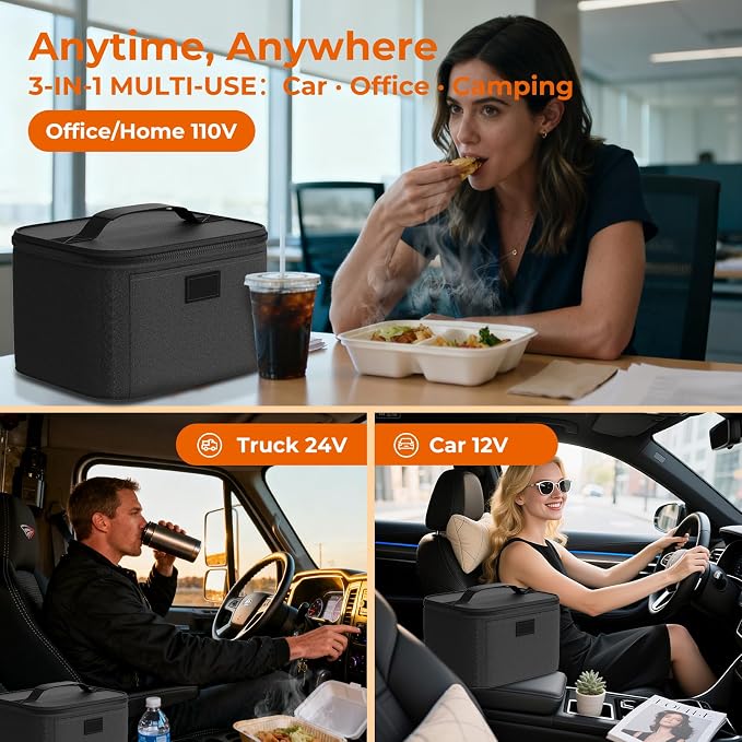 Electric Heated Lunch Box - Small Food Warmer For Men And Women, Mini Portable Travel Microwave, 12V/24V/110V 3-In-1 Self Heating Oven For Car, Truck, Office