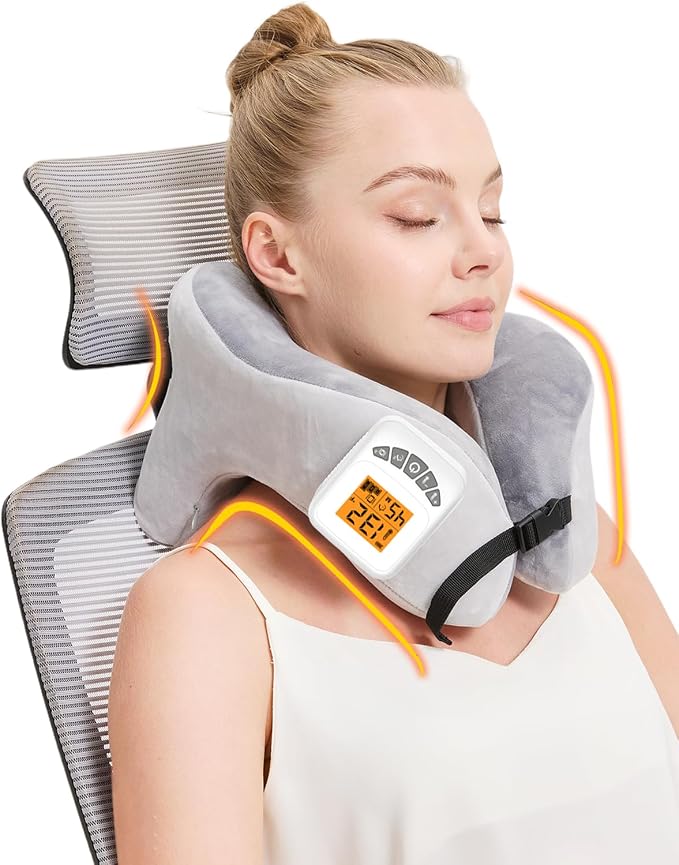 Rechargeable Heated Neck Pillow with Massage, 5000mAh Cordless Neck Heating Pad for Neck Pain, 3-Level Vibration Massage, 104-140℉ Adjustable Temp, 30/45/60Mins Timer, Type-C Cable & Storage Bag