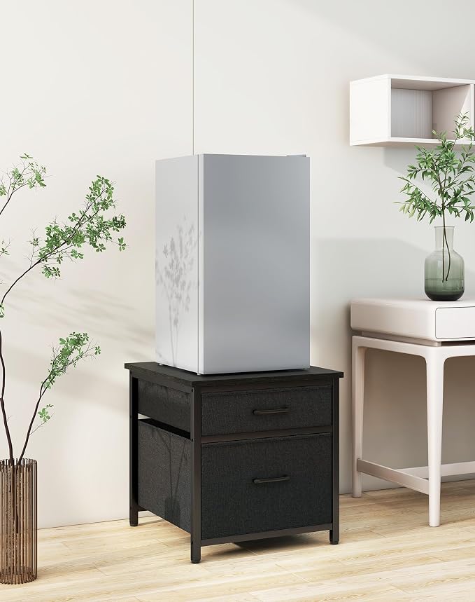 YMYNY Mini Fridge Stand with Storage, Mini Fridge Cabinet with Fabric drawers, 250lbs Heavy-Duty Compact Refrigerator Table, Coffee Bar Shelf, for Home, Office, Bedroom, Black HBR008B