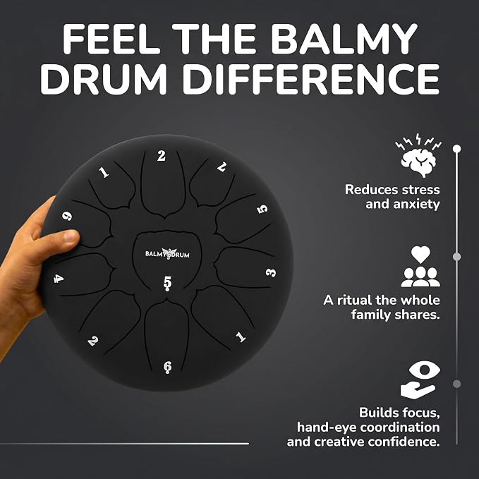 Balmy Drum Steel Tongue Drum 10 inch 11 Notes 440Hz, Handpan Drum with Music Book, Mallets, Carry Bag, Finger Picks, Rain Drum for Outdoor, Meditation Yoga Calming Instruments for Adults Kids (Black)