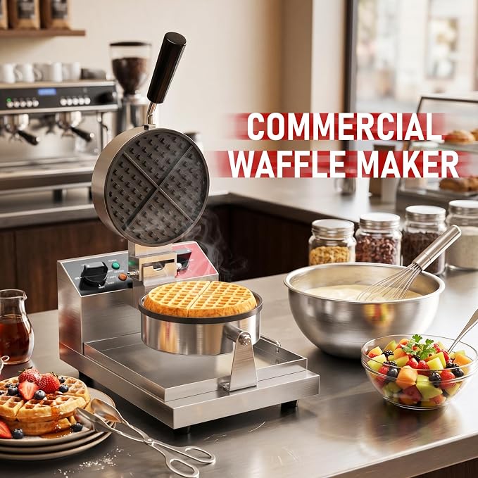 CROSSON Commercial Waffle Maker,Professional Round Belgian Waffle Maker Non-Stick Plate Machine with Temp and Time Control for Home Kitchen,Restaurant Bakeries Kitchen 120V/1300W