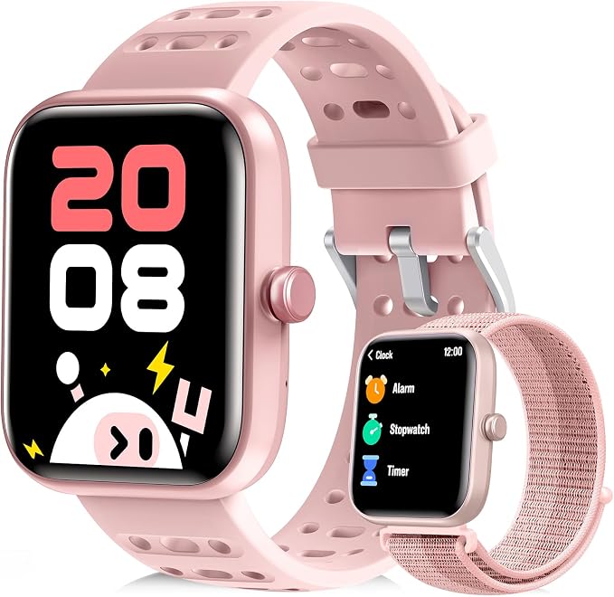 ENOMIR Smart Watch for Girls Gifts, Kids Smart Watch with Health Monitor, Activities Track & Alarm Clock Reminder, Smartwatch with Custom Design & Puzzle Games, Girls Birthday Pink (2 Bands)