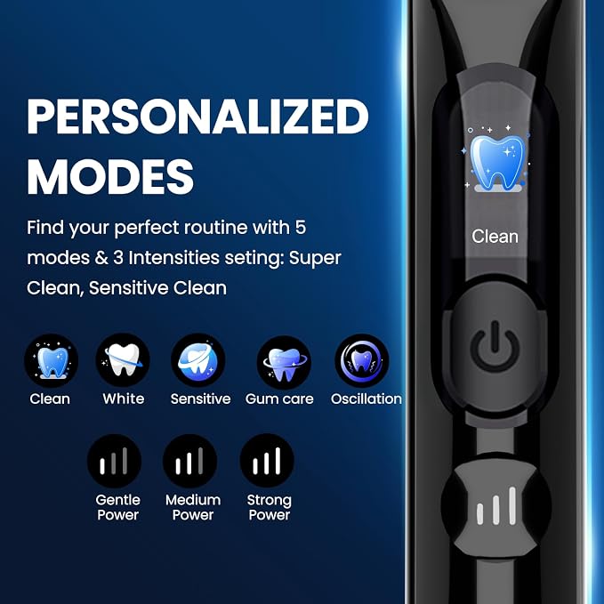 Electric Toothbrush, Sonic Toothbrush for Adults Teens with Pressure Sensor, AI Zone Cleaning Tracking, 5 Modes & 3 Intensities, 180 Days Battery Life, 4 Brush Heads with Travel Case, Black