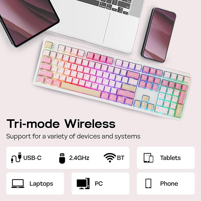 EPOMAKER TH108 Full Size Mechanical Keyboard, Wireless Gaming Keyboard with 8000mAh Battery, Creamy Gasket, 108 Keys, Hot Swap, Custom Driver, RGB Backlight (Pink, Sea Salt Silent)