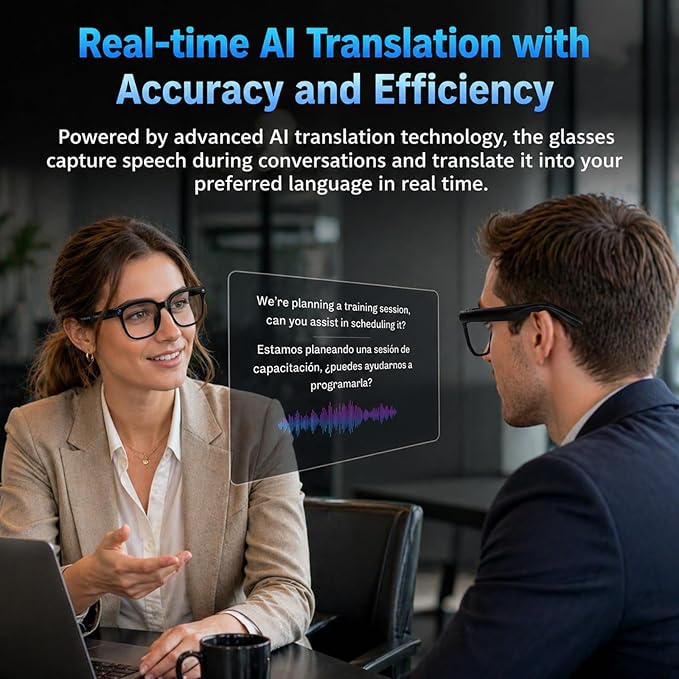 AI Smart Glasses with Camera, 4K HD Video & Photo Capture, Real-Time Translation, Recording Glasses with AI Assistant, Open-Ear Audio, Object Recognition, Bluetooth, for Travel (Transparent Lens)