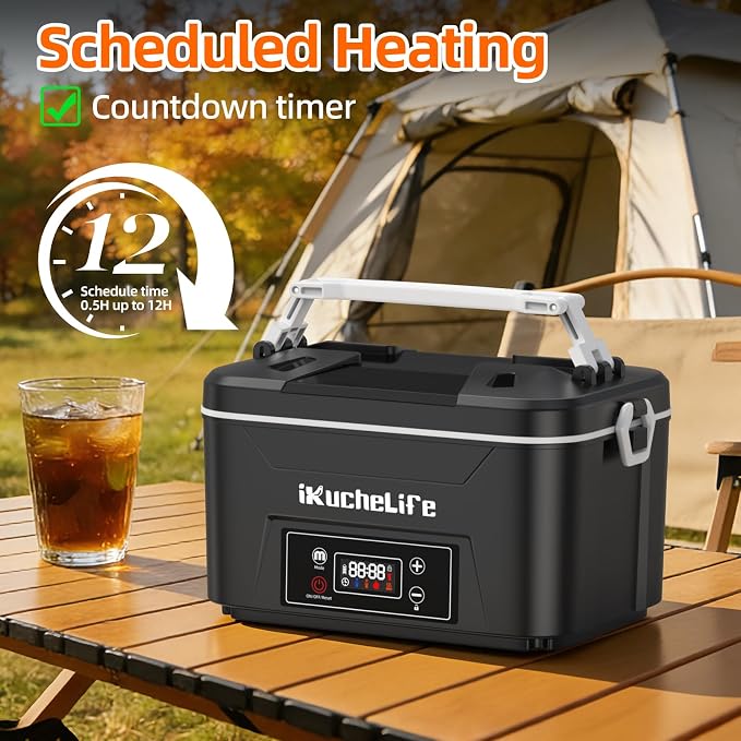 Heated Lunch Box, 24000mAh Cordless Electric Lunch Box with Scheduled Heating, 1.2L Rechargeable Portable Food Warmer with Digital Display for Work, Travel, Office, Camping,Black