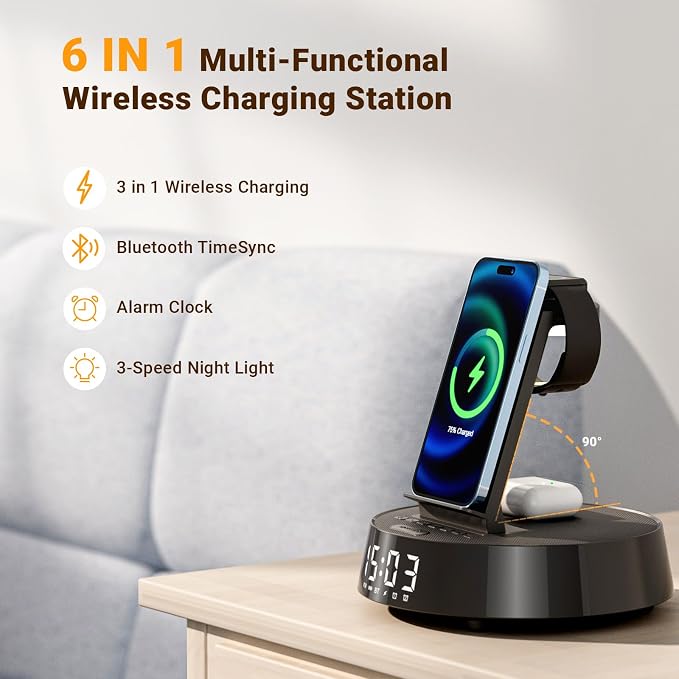 Alarm Clock with Wireless Charging Station, Clock for Bedroom with Night Light Bluetooth Speaker, Wireless Charger Dock Station for iPhone 17 16 15 14 13 12 Pro Max, Apple Watch 11, AirPods 3 (Black)