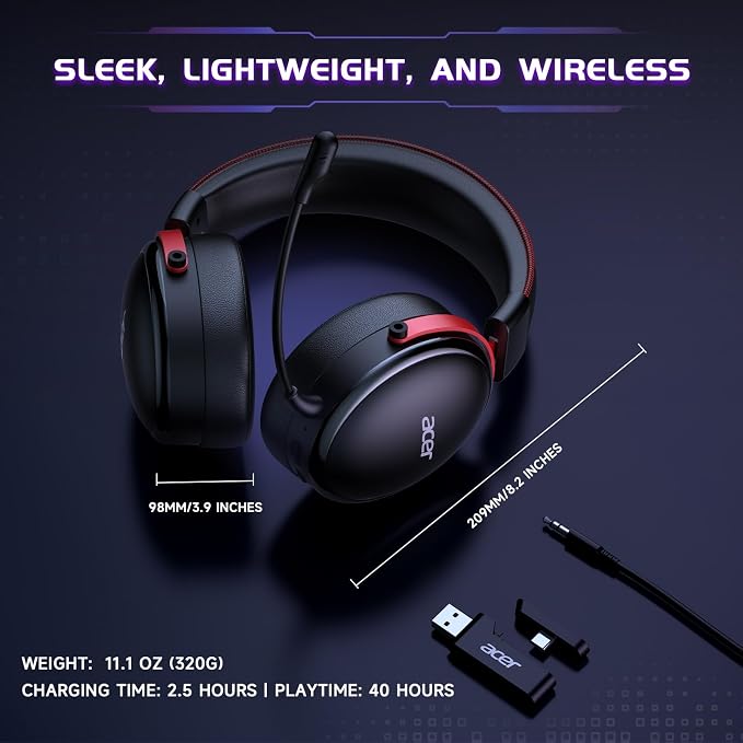 Acer 2.4GHz Wireless Gaming Headsets for PS5, PS4, PC, Switch, Tri-Mode Bluetooth Gaming Headset with Mic, Stereo Sound, 40+Hr Battery, 50mm Drivers - Black