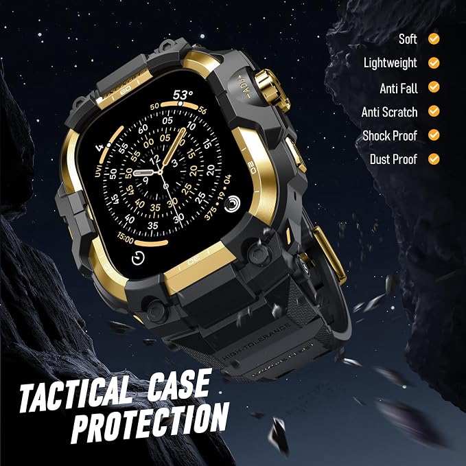 BXUXOHS Rugged Case and Band for Apple Watch 46mm Men, Compatible with Apple Watch Series 11/10, Military Grade Shockproof Bumper Cover, Tactical Band Case for iWatch 11/10 Man, Gold