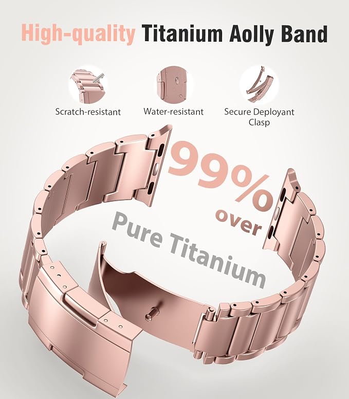 Upgraded Titanium Band Replacement Compatible with Apple Watch Band Ultra 3 Ultra 2/Ultra 49mm,iWatch Series 11/10 46mm,9/8/7 45mm,SE3/SE2/SE/6/5/4 44mm,3/2/1 42mm, Titanium Watch Band, Rose Gold