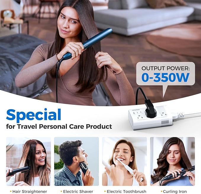 DOACE 350W Voltage Converter US to Europe for Hair Straightener Curling Iron CPAP –220V to 110V Converter for European Travel, 7 in 1 Power Converter Adapter Combo with 3 AC & 2 PD & 2 USB Chargers