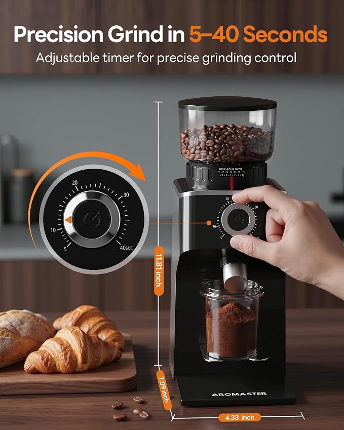 Aromaster Burr Coffee Grinder with 45 Grind Settings,Adjustable 5–40s Timer,Stainless Steel Conical Coffee Bean Grinder for Espresso,Pour Over & French Press, Anti-Static,Easy Clean Brush for Home Use