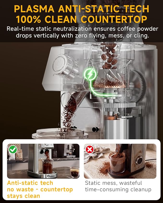 IAGREEA Conical Burr Coffee Grinder, 48 Grind Settings, 450RPM Low-Speed Anti-Static, Precision Timer, Portafilter Holder for Espresso, Drip, French Press, Cold Brew, Stainless Steel