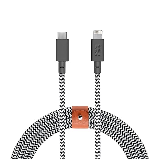 Native Union Belt Cable USB-C to Lightning - 10ft Ultra-Strong Reinforced Cable [MFi Certified] for iPhone 14, Phone 14 Plus, iPhone 14 Pro, iPhone 14 Pro Max, iPhone 13 and Earlier (Zebra)