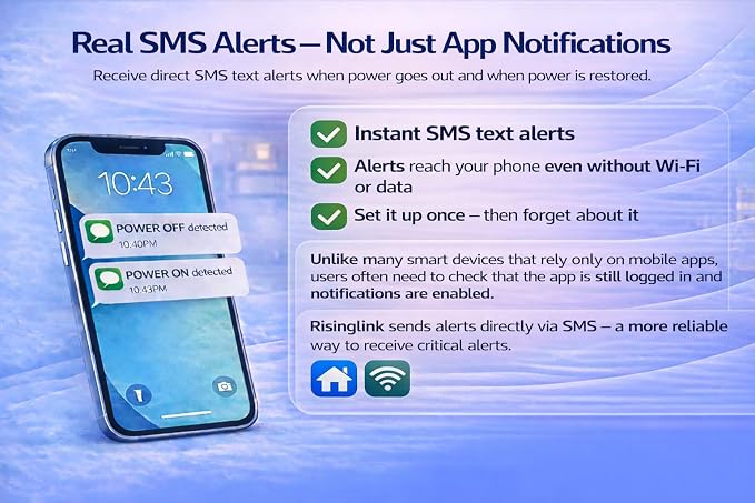 WiFi Power Outage Alarm Detector, Power Failure & Restoration Alerts with SMS Text, Email & Audible Alarm