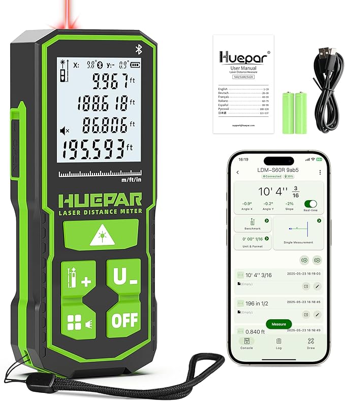 Huepar 200Ft Laser Measuring Tool with APP Control, 5-Year Warranty, Rechargeable Bluetooth Distance Meter, 1/16" High Accuracy, M/In/Ft Unit, Angle Sensor, Multiple Modes, IP54, for Home&Construction