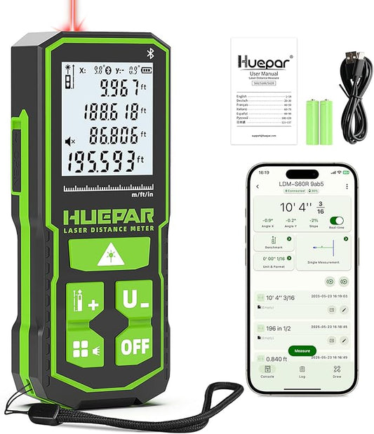 Huepar 200Ft Laser Measuring Tool with APP Control, 5-Year Warranty, Rechargeable Bluetooth Distance Meter, 1/16" High Accuracy, M/In/Ft Unit, Angle Sensor, Multiple Modes, IP54, for Home&Construction