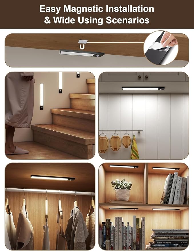 8inch Under Cabinet Lighting, 2 Pack Rechargeable Motion Sensor Light Indoor, 1200mah Under Cabinet Lighting,7 Levels Dimmable Magnetic Closet Lights, Under Counter Lights for Kitchen