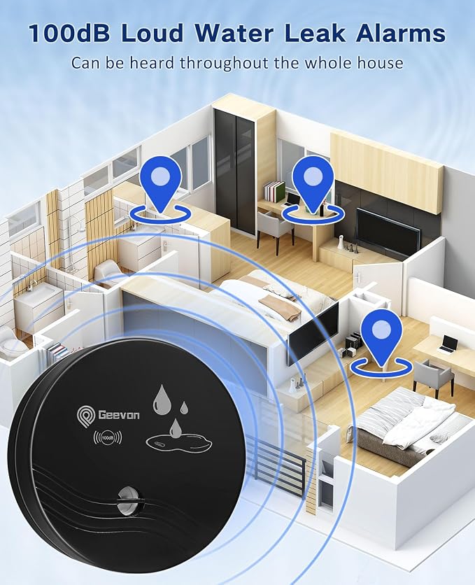 Geevon 3 Pack Water Leak Detectors, 100dB Water Sensor Alarms Flood Detector for Basements, Bathrooms, Laundry Rooms, Kitchens, Garages, and Attics, Water Alarms Battery-Operated (Battery Included)