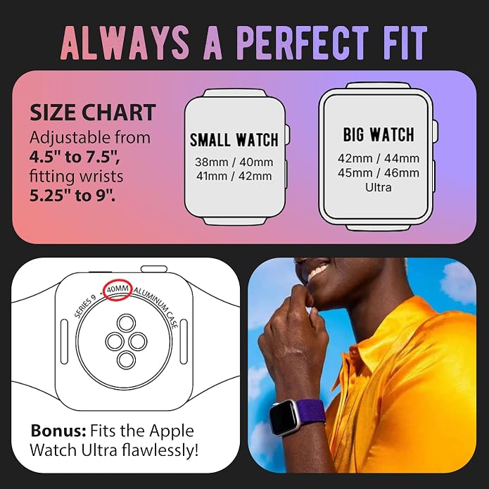 Braxley Bands for Apple Watches - Stretchy and Washable - Adjustable with Apple Watch Bands for Women & Men - Compatible with Apple Watch Series SE Ultra 9 8 7 6 5 4 3 2 1