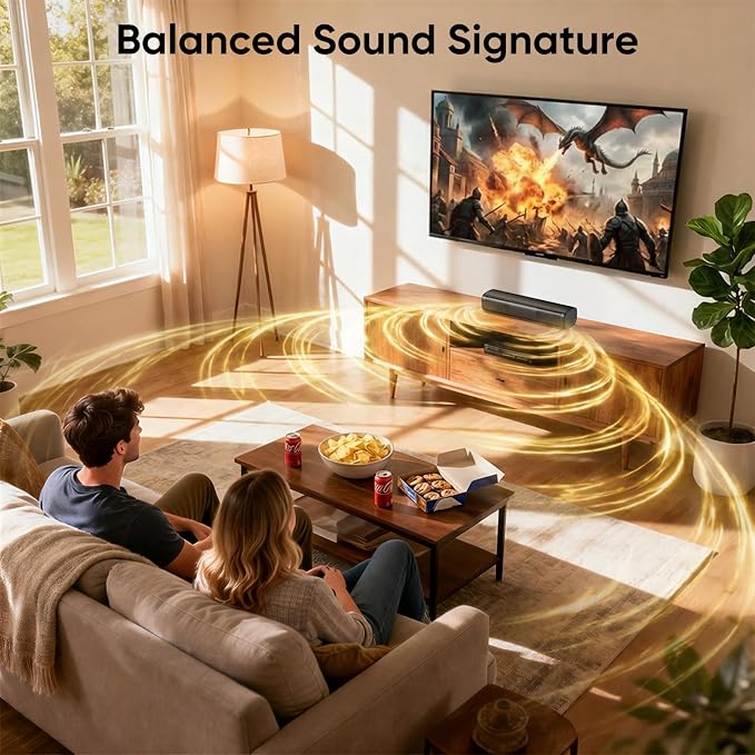 Saiyin Sound Bar for Smart TV, 11.7-inch Soundbar with Bluetooth 5.3/Optical/Auxiliary Inputs, Small Size & Big Power, 48W Peak Power Compact Sound Bar for TV, PC, Gaming, Powered by an AC Adapter