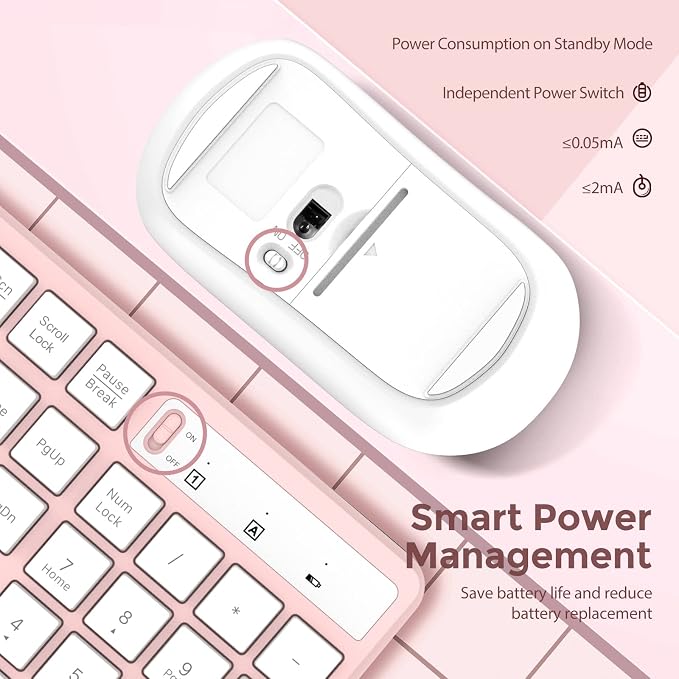 Wireless Keyboard and Mouse Combo, Lovaky 2.4G Full-Sized Ergonomic Keyboard Mouse, 3 DPI Adjustable Cordless USB Keyboard and Mouse, Quiet Click for Computer/Laptop/Windows/Mac (1 Pack, Pink)
