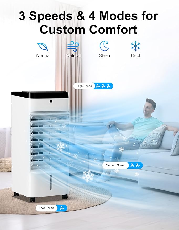Uthfy 3 IN 1 Swamp Cooler, Portable Air Conditioner with Detachable Water Tank, 6 Ice Packs, 12H Timer, 120° Oscillation, Remote, 3 Speeds, 4 Modes, Evaporative Cooler for Bedroom, Office