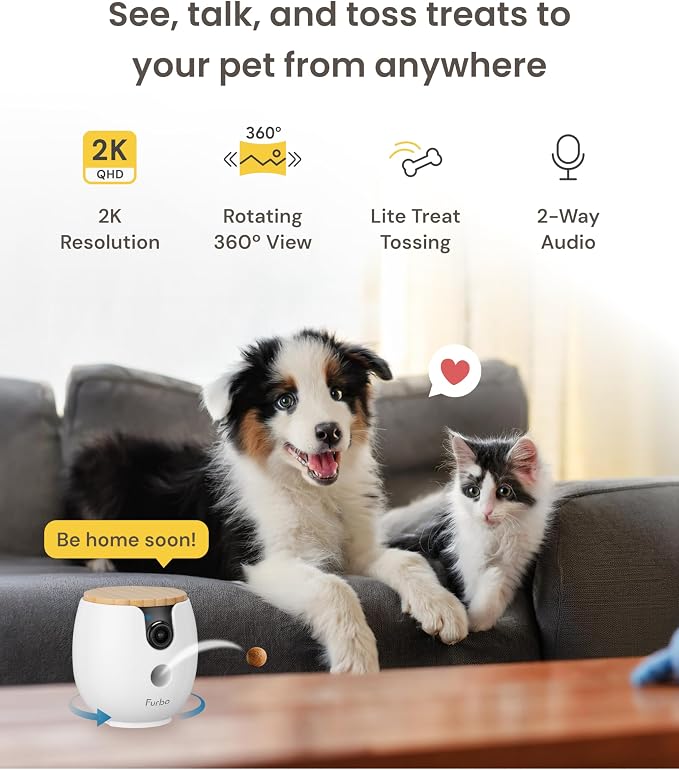 Furbo Mini 360° 2K QHD Pet Camera: Basic See, Talk & Toss Features, No AI Alerts, No Subscription Required, Dog & Cat Rotating Treat Dispenser w/Phone App, Smart Indoor Cam, 2-Way Audio & Night Vision